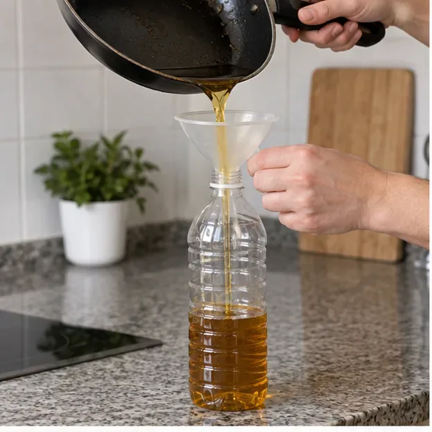 Aceite de cocina usado vertiéndose con un embudo en una botella de plástico sobre una encimera