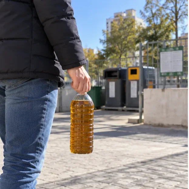 Persona caminando al aire libre con una botella cerrada llena de aceite de cocina usado hacia una zona de reciclaje