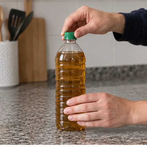 Manos cerrando con un tapón verde una botella de plástico llena de aceite de cocina usado
