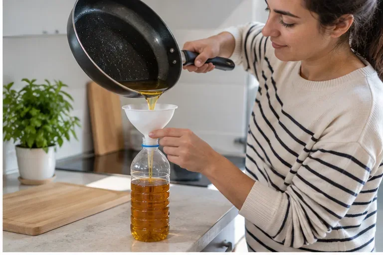 Una mujer vierte aceite de fritura usado mediante un embudo en una botella de plástico transparente