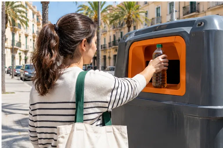 Una mujer deposita una botella cerrada de aceite vegetal usado en la abertura de un contenedor específico situado en una calle urbana