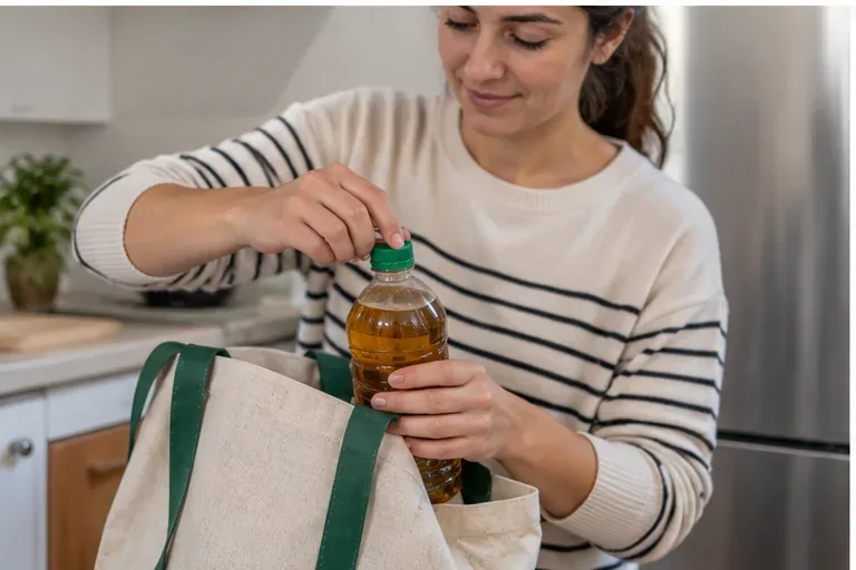 Una mujer comprueba el tapón de una botella con aceite de cocina usado antes de guardarla en una bolsa para transportarla