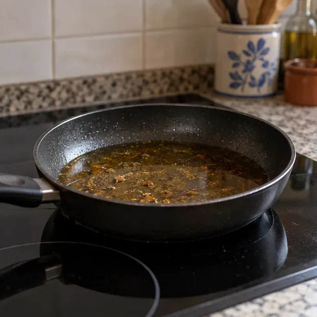 Sartén con aceite de cocina usado y restos de fritura sobre una placa apagada, dejándose enfriar antes de recogerlo.