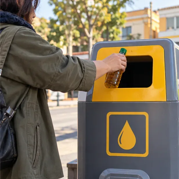 Una persona lleva una botella de plástico cerrada con aceite usado a un contenedor municipal identificado con un símbolo de gota.