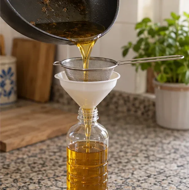 Aceite de cocina frío vertiéndose a través de un colador y un embudo hacia una botella de plástico reutilizada.
