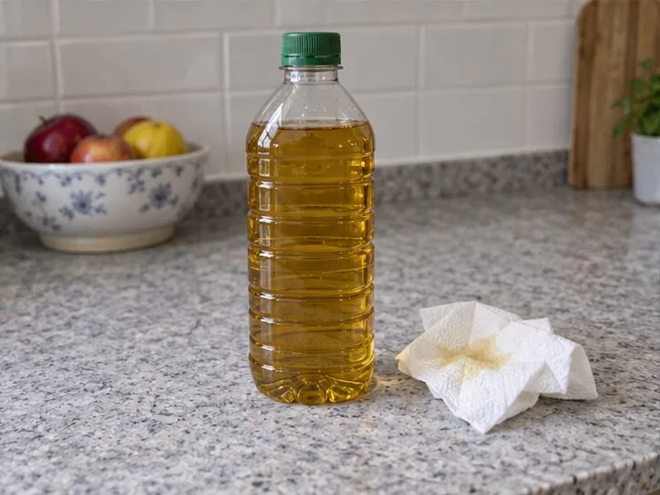 Botella de plástico cerrada que contiene aceite de fritura usado, colocada en una encimera