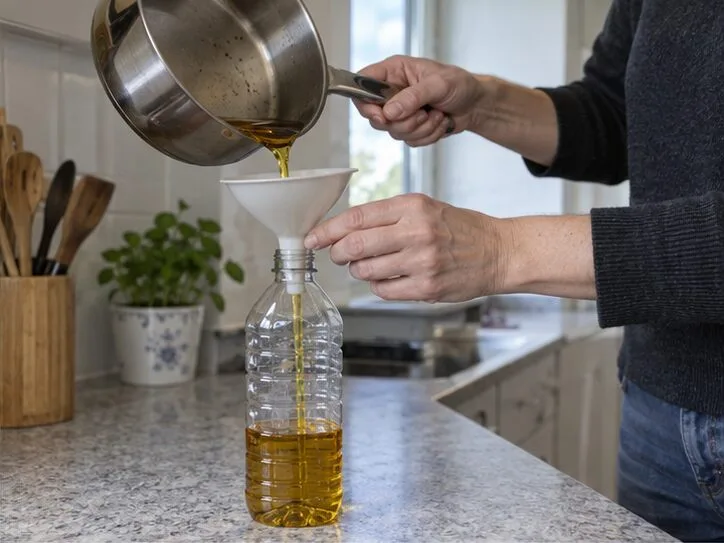 Una persona vierte aceite de cocina ya frío con un embudo en una botella de plástico reutilizada