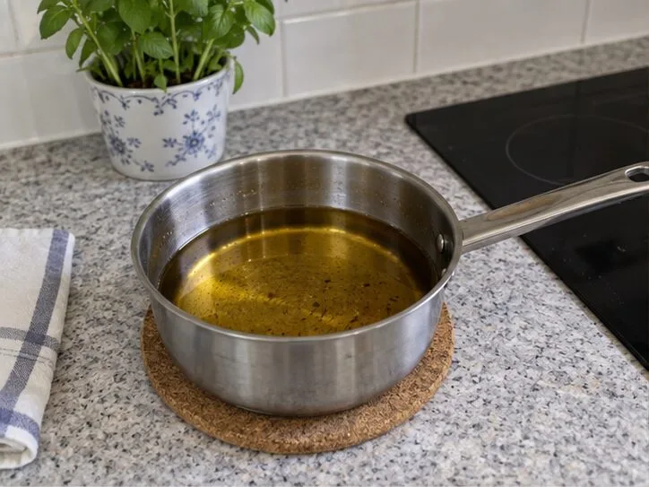 Una sartén con aceite de fritura usado se enfría sobre un salvamanteles en la encimera