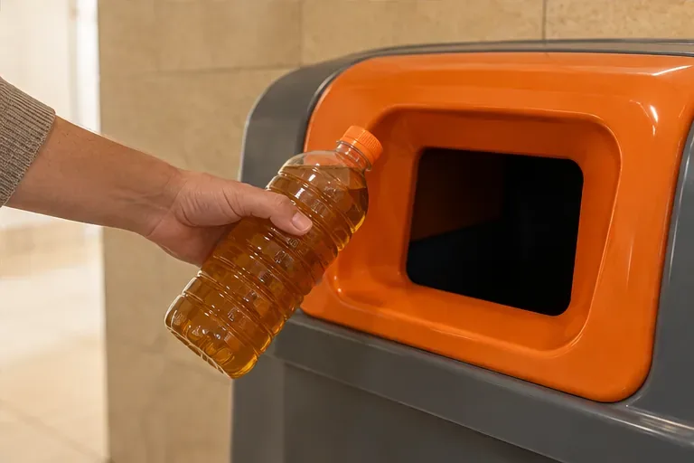 Mano con una botella cerrada de aceite usado ante la abertura de un depósito de recogida