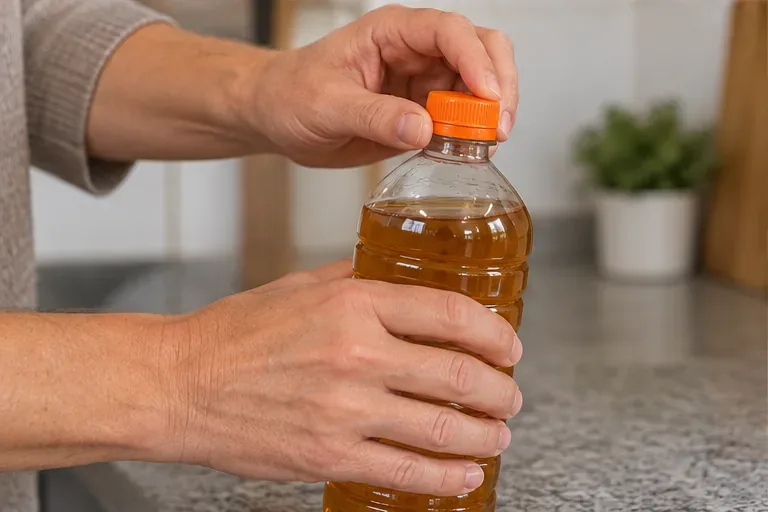 Manos que ajustan el tapón de una botella de plástico con aceite de cocina usado
