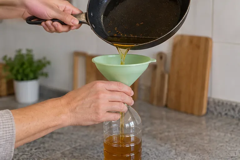 Manos que vierten aceite frío de una sartén por un embudo en una botella de plástico