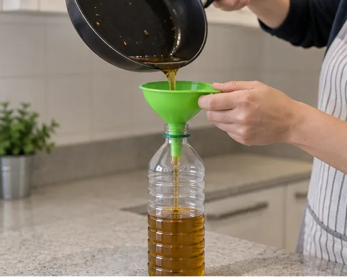 Una persona vierte aceite de cocina usado a través de un embudo verde dentro de una botella de plástico