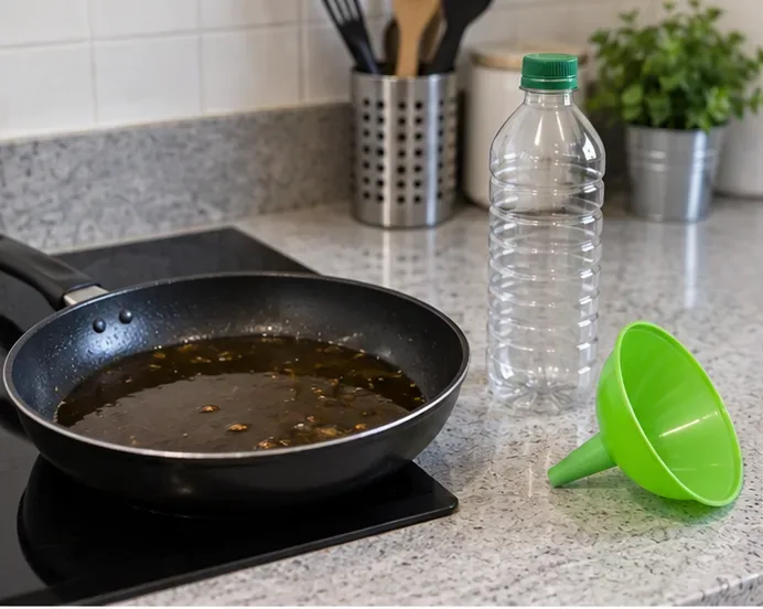 Sartén con aceite de cocina usado ya apartado del fuego, junto a una botella vacía y un embudo sobre una encimera