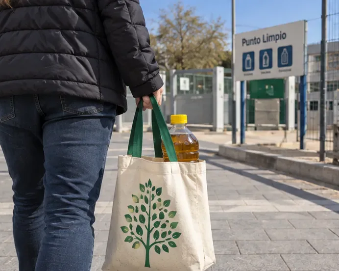 Persona caminando hacia un punto limpio con una botella cerrada de aceite usado dentro de una bolsa reutilizable