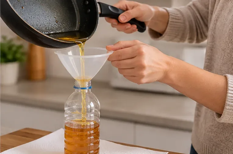 Persona vertiendo aceite de cocina usado con un embudo dentro de una botella de plástico reutilizada