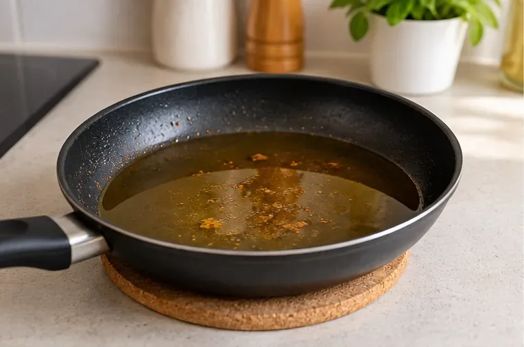 Sartén con aceite de cocina usado ya reposado sobre una encimera, antes de pasarlo a un recipiente de recogida