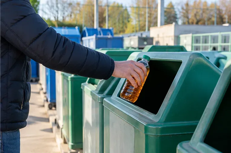 Persona depositando una botella cerrada con aceite usado en un contenedor de un punto de recogida