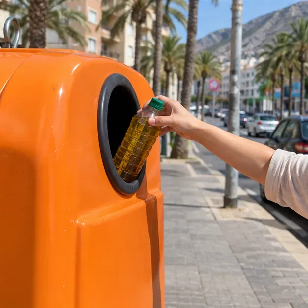 Persona introduciendo una botella cerrada con aceite de cocina usado en la abertura de un contenedor naranja de recogida selectiva