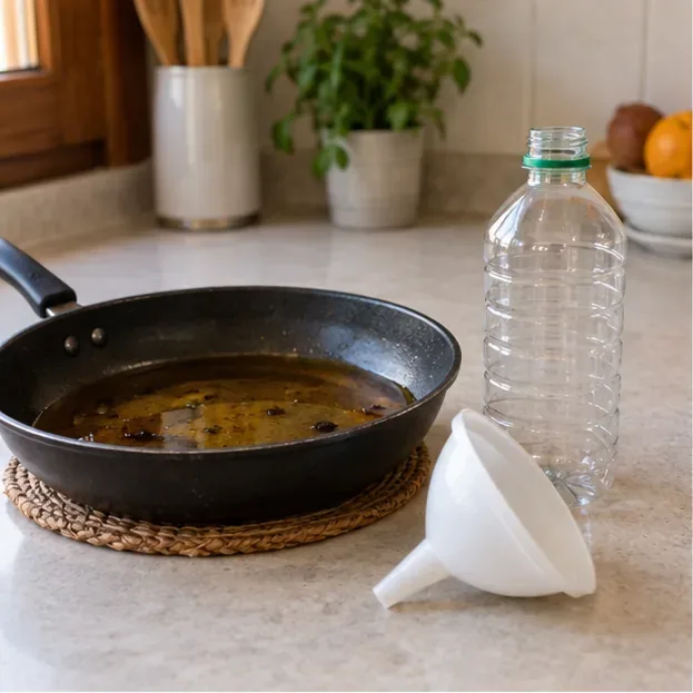 Sartén con aceite de cocina usado ya reposado, junto a una botella de plástico vacía y un embudo sobre una encimera