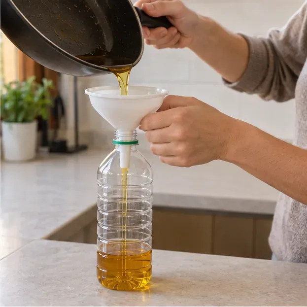 Persona vertiendo aceite de una sartén a una botella de plástico mediante un embudo en una cocina