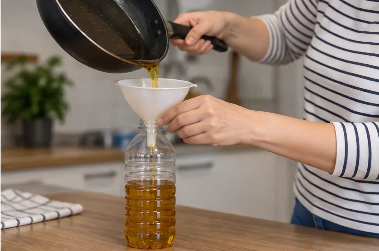 Una persona vierte aceite de cocina usado con un embudo en una botella de plástico
