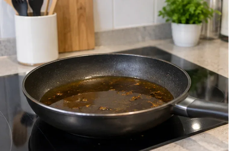 Aceite de cocina usado ya sin cocinar permanece en una sartén antes de ser envasado