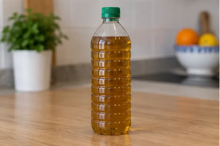 Botella de plástico llena de aceite de cocina usado y cerrada con tapón de rosca