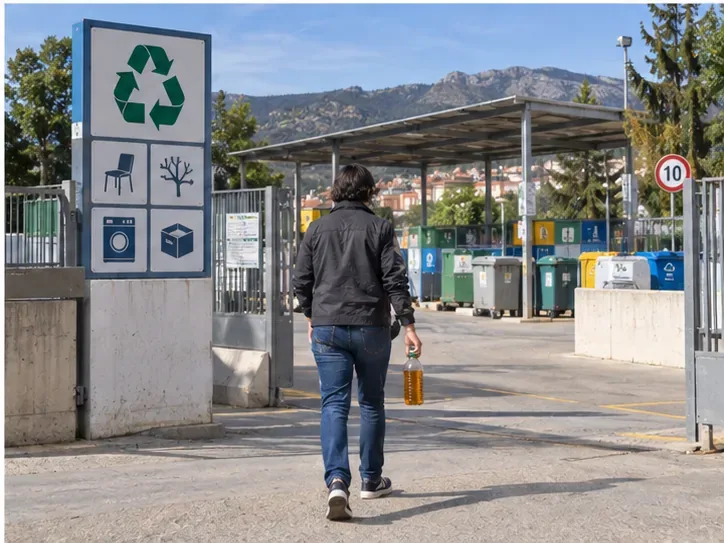 Persona caminando hacia una instalación de reciclaje con una botella de aceite de cocina usado en la mano