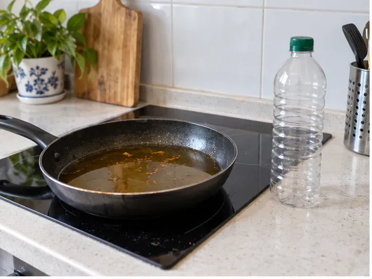 Sartén con aceite de cocina usado ya apartado del fuego junto a una botella de plástico vacía