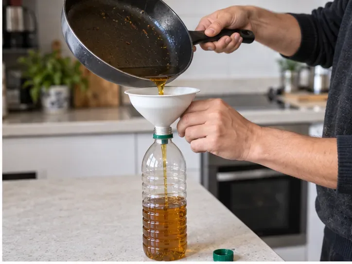 Persona vertiendo aceite de cocina usado con un embudo dentro de una botella de plástico