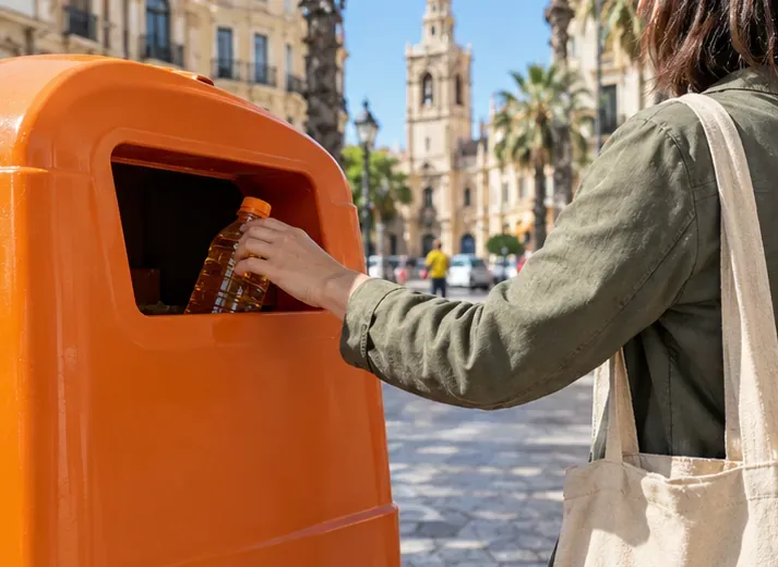 Persona introduciendo una botella pequeña de aceite de cocina en la abertura de un contenedor naranja específico en un entorno urbano