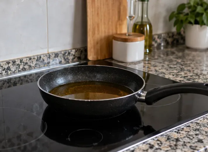 Sartén con aceite usado sobre una placa de cocina apagada en una cocina doméstica
