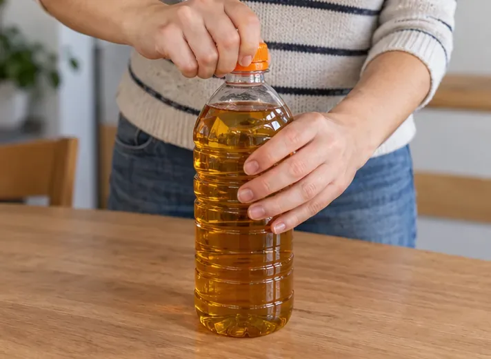 Manos enroscando el tapón naranja de una botella transparente pequeña llena de aceite de cocina