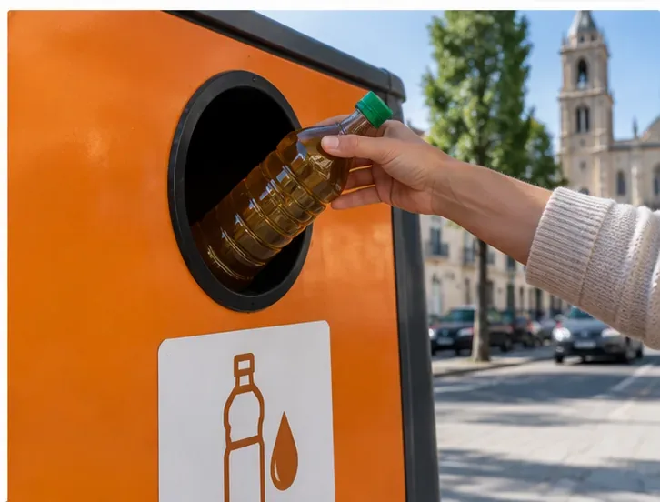 Mano introduciendo una botella cerrada con aceite usado en un contenedor naranja específico para aceite doméstico