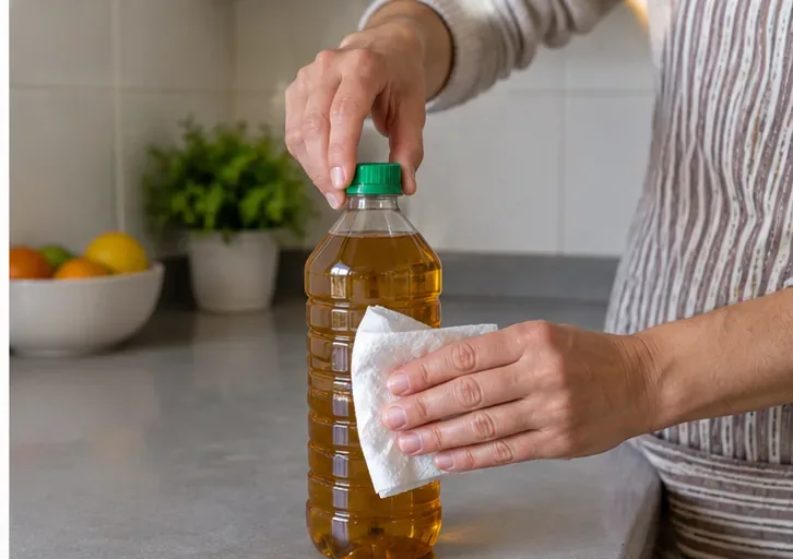 Persona cerrando y limpiando una botella de plástico llena de aceite de cocina usado