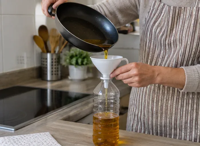 Aceite de cocina usado vertiéndose con un embudo desde una sartén a una botella de plástico