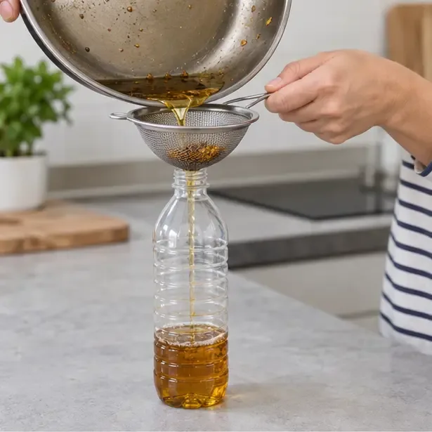 Persona filtrando aceite de cocina usado con un colador hacia una botella de plástico