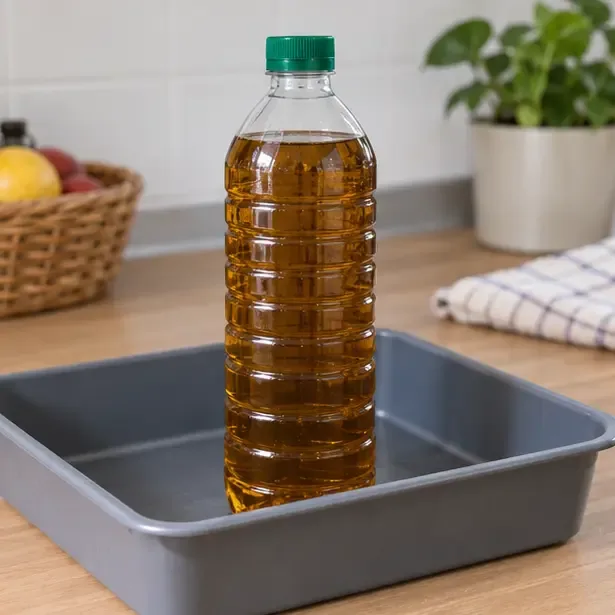Botella de plástico transparente bien cerrada con aceite de cocina usado dentro de una bandeja