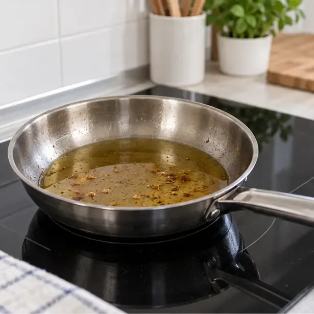 Sartén con aceite de cocina usado enfriándose sobre una placa apagada