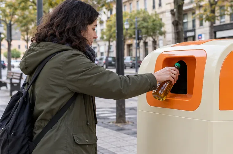 Una vecina introduce una botella con aceite usado por la abertura de un contenedor crema y naranja