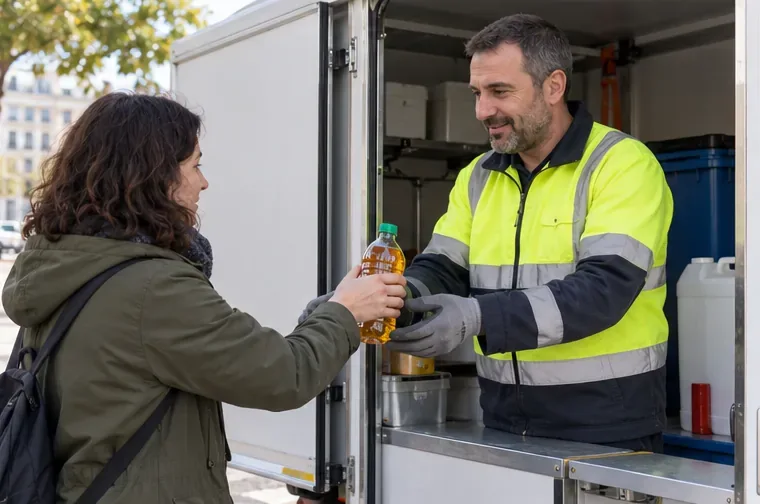 Una vecina entrega un envase de aceite de cocina usado al personal de un punto de recogida móvil