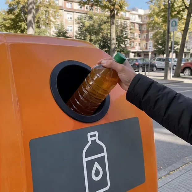 Persona introduciendo una botella cerrada de aceite de cocina usado en un contenedor específico de reciclaje