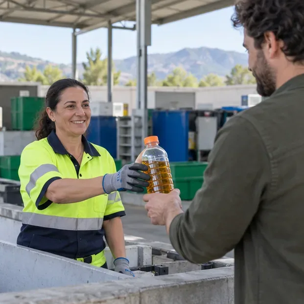 Una persona entrega una botella cerrada de aceite doméstico a una trabajadora en una instalación municipal de reciclaje
