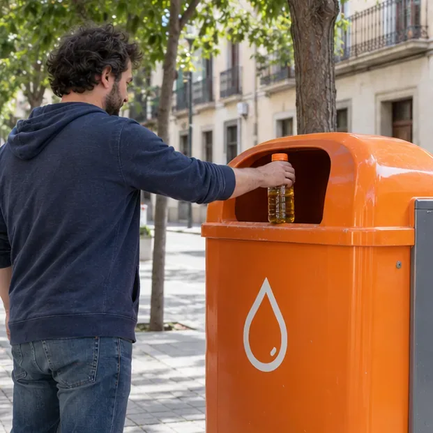 Vecino depositando una botella cerrada de aceite usado en un contenedor naranja específico para aceite