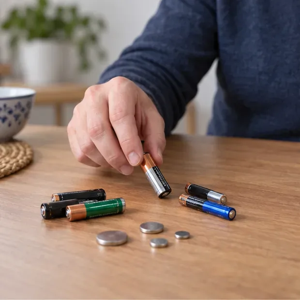 Una mano separa pilas cilíndricas y pilas de botón sobre una mesa