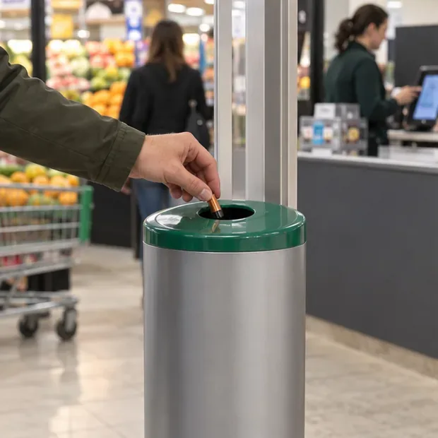 Una persona deposita una pila cilíndrica en un recipiente alto de recogida junto a una zona comercial