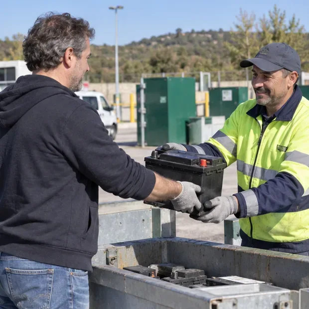 Un trabajador con guantes recibe una batería de automóvil de una persona en un recinto de reciclaje municipal