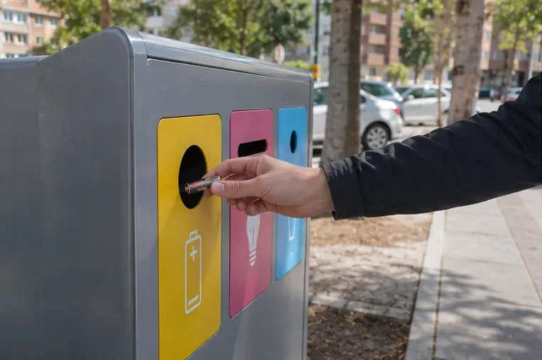 Persona depositando una pila en un módulo de recogida selectiva con un compartimento identificado mediante un icono de batería