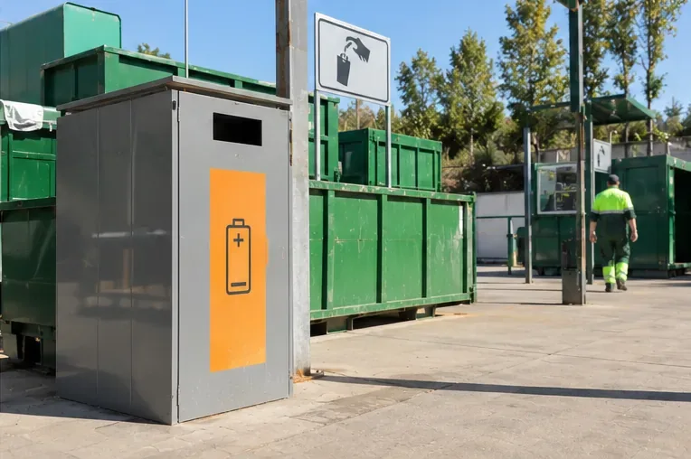 Zona exterior de un punto limpio con un contenedor marcado con un símbolo de batería y grandes contenedores de residuos al fondo