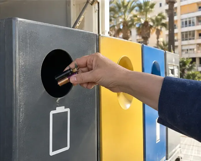 Una mano deposita dos pilas cilíndricas en un recipiente específico de un punto móvil de recogida selectiva